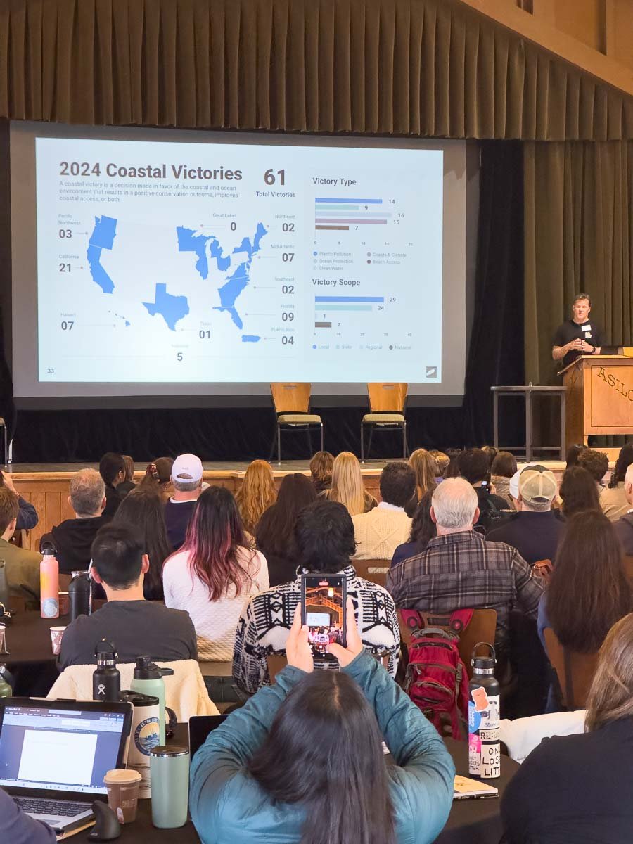 CEO Dr. Chad Nelsen speaks in front of a slide depicting Surfrider’s successes and wins to the west coast regional surfrider conference attendees. Photo: Harry Parker