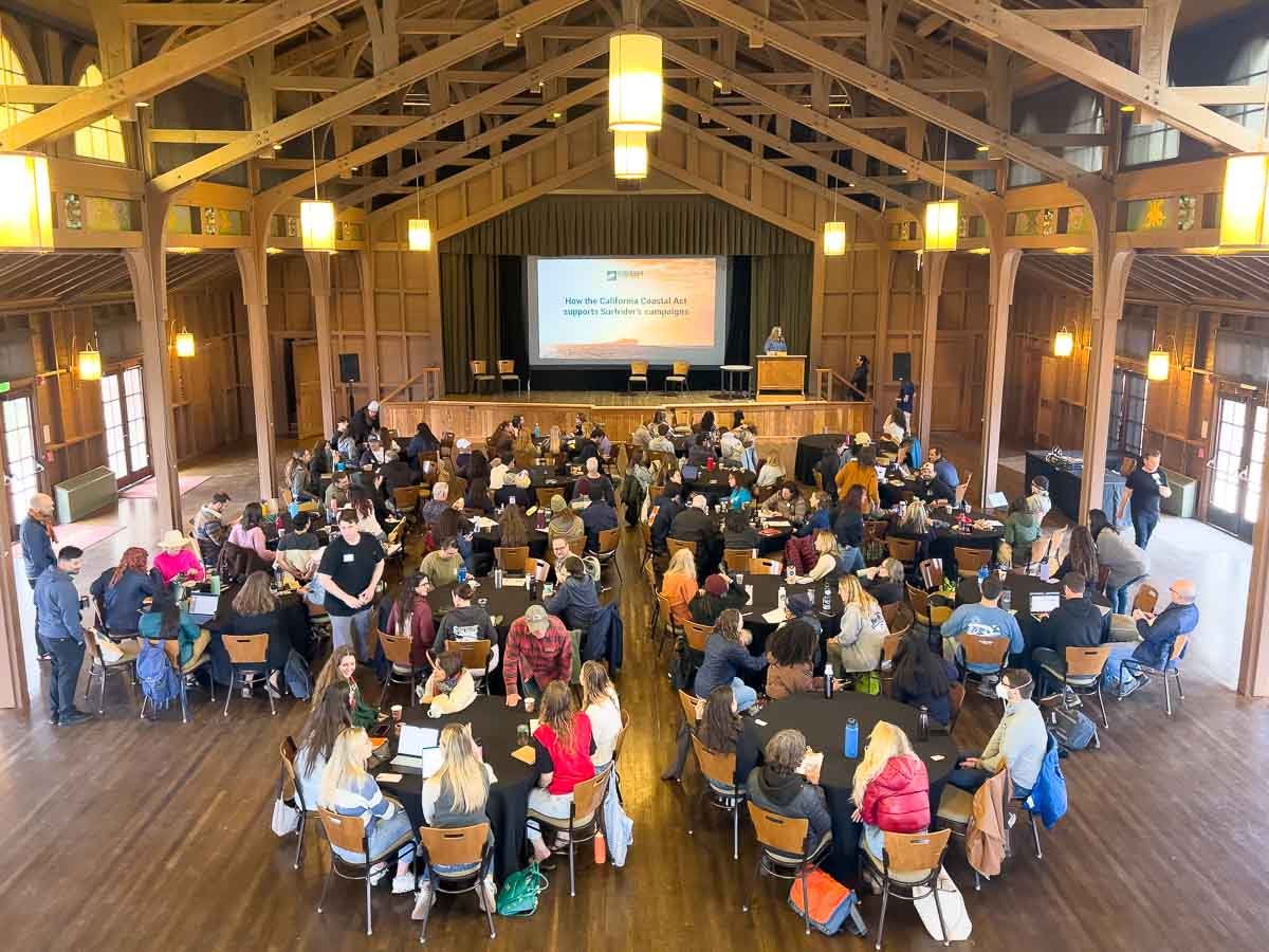WIde shot from above looking down on Surfrider volunteers listening to Jennifer Savage, California Policy Associate Director, inside the Asilomar Conference Center in Monterey, CA. Photo: Harry Parker Photography