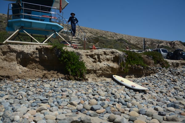 looking up the beach from the water, an eroded beach with cobbles instead of sand back up against a 5 foot erodded land face. On top a lifguard tower rests with a lifeguard looking out of the frame, with their rescue board set on the cobbles where the sandy beach once existed.