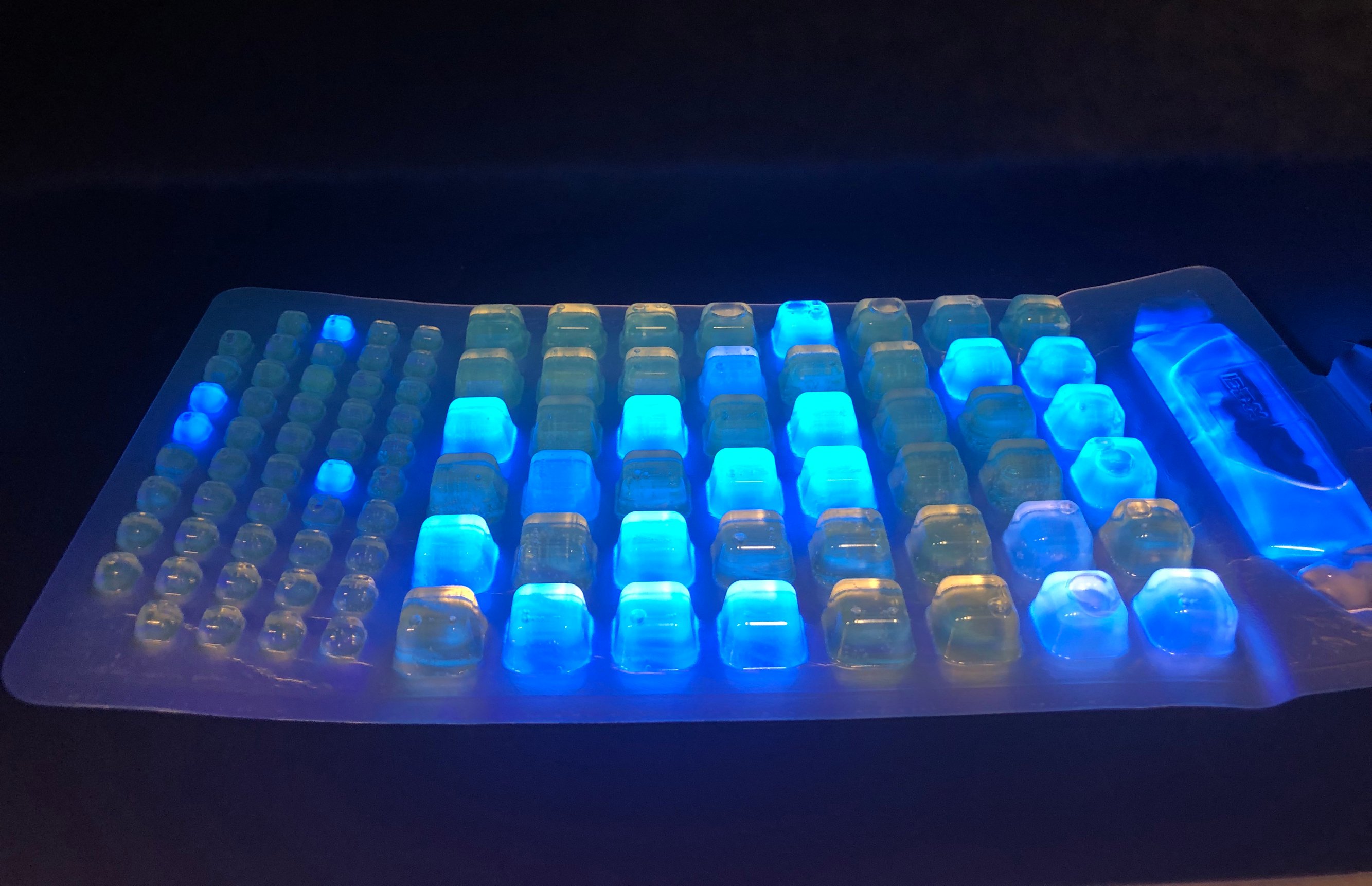 glowing tray of water being tested