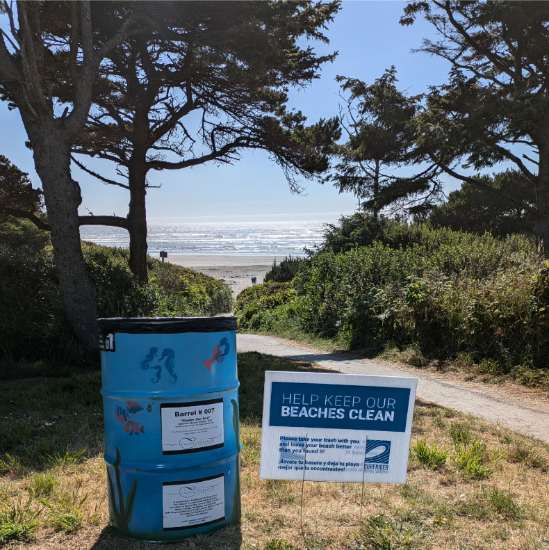 Waste barrel and beach steward sign placed at Governor Patterson State Park during the first week of July in 2024