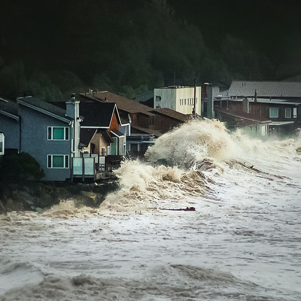 large ocean waves crashing against homes on the coast of Santa Cruz