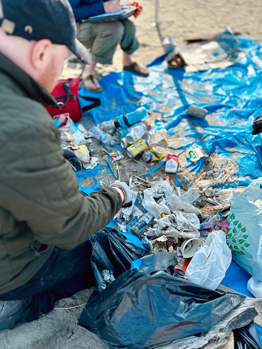 Up close view of a male volunteer sifting and separating trash collected at a beach cleanup