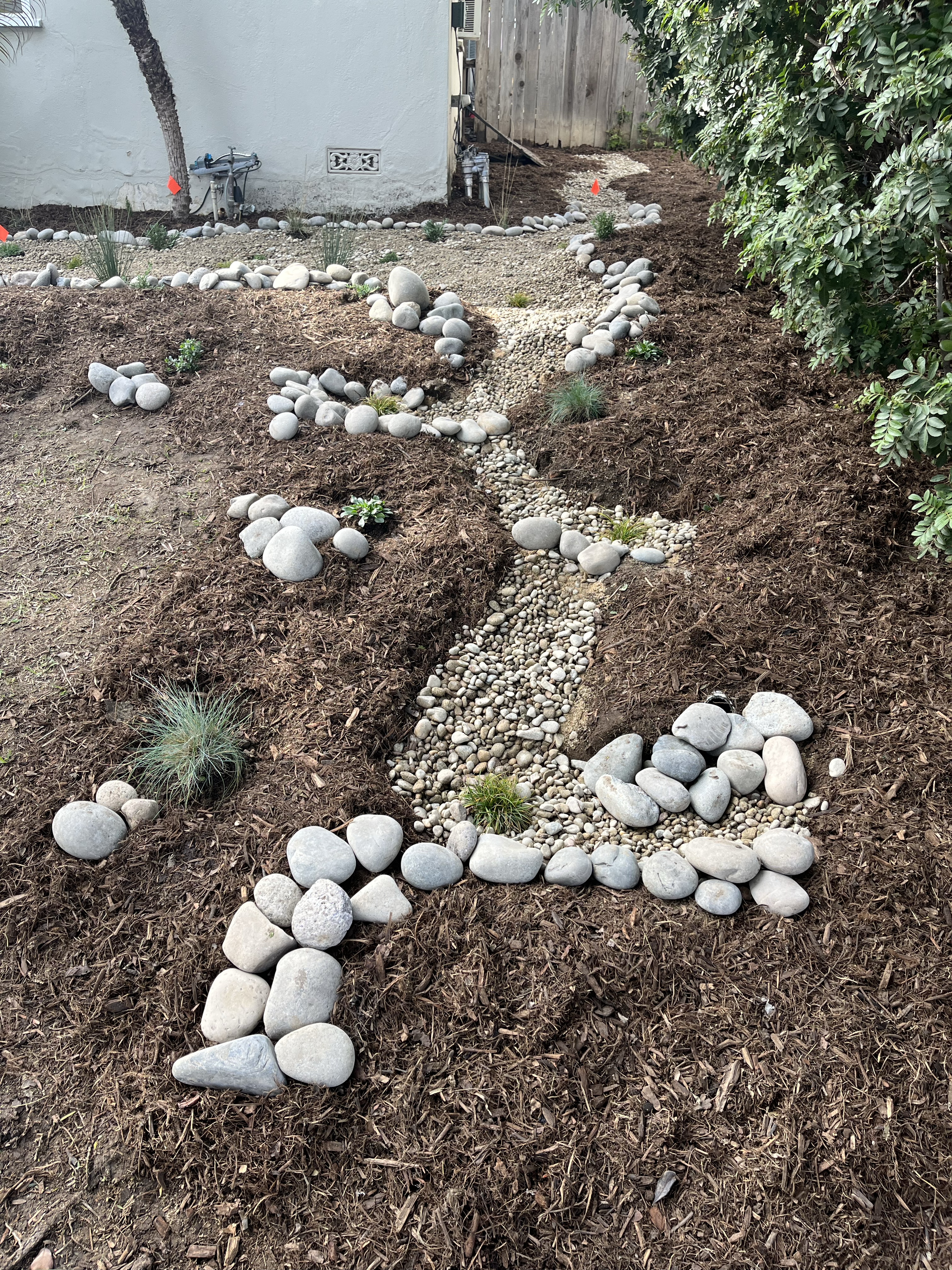 a garden with a dry creek feature