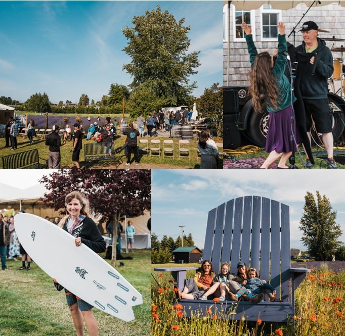 Event space, winner of a wetsuit celebrating, winner of a surfboard, family sitting on huge chair in field of flowers