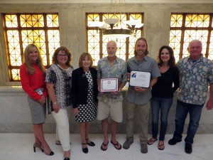 From left to right: Leigh Eisen and Stephanie Caldwell from the Ventura Chamber of Commerce, Mayor Cheryl Heitmann, Eric Lunquist, Dan Glaser, Juli Marciel, and Larry Manson from the Ventura County Chapter of the Surfrider Foundation