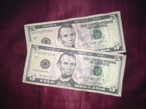 2 US five dollar bills