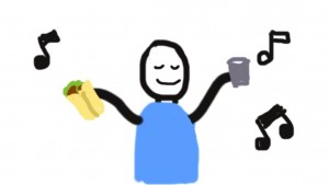A crude drawing of a smiling person with a burrito and a pint surrounded by musical notes 