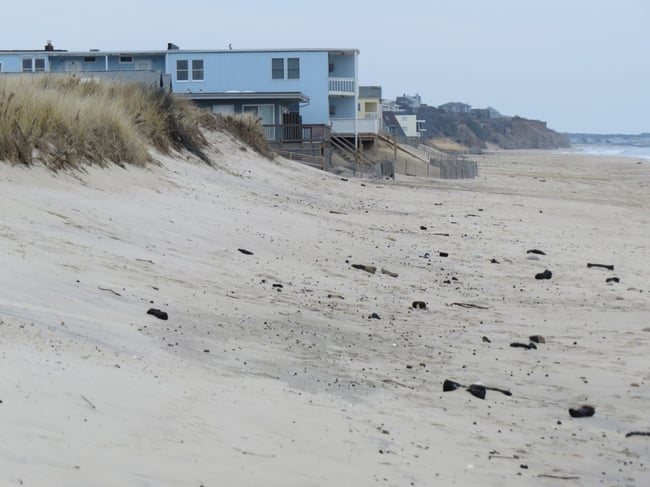The construction of motels on the ocean beach destroyed the primary dune in downtown Montauk. 