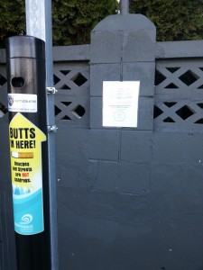 This ash can at 36th Ave W and SW Alaska St. is seeing lots of use and the flyer educates the public about toxicity of butts.