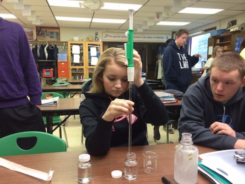 Students at Bandon High School run water samples from a recent training at their newly established BWTF lab