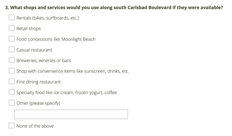 Screenshot of the online survey w/ question - what shops and services would you use along south Carlsbad Boulevard if they were available? Checkboxes include retail shops, restaurants and bars.