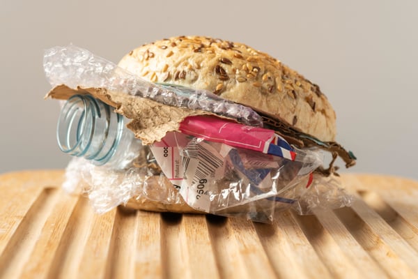 image of to go food stuffed with plastic
