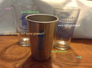 Three collectible pints from previous Pints Against Plastic Events with doge-style text: "wow. such collection. very deliciousness. glass glasses and metal glasses?! much stylish. wow."
