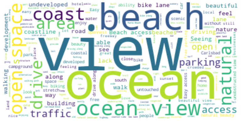 Word Cloud for answers to "What do you like most about south Carlsbad Blvd. today?" View, beach, & ocean are the largest words by far.