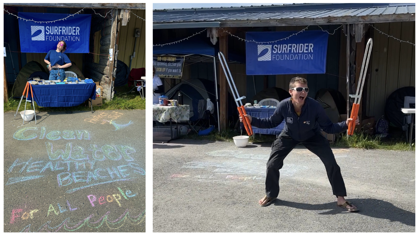 Marcy posing at table and Surfrider banner; Liz holding trash pickers in crab pose