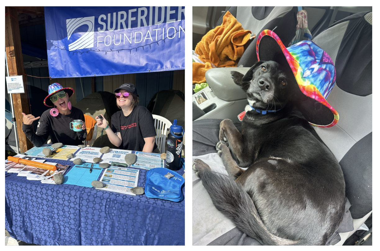 A photo of 2 volunteers tabling; a dog wearing a tye-dye cowboy hat