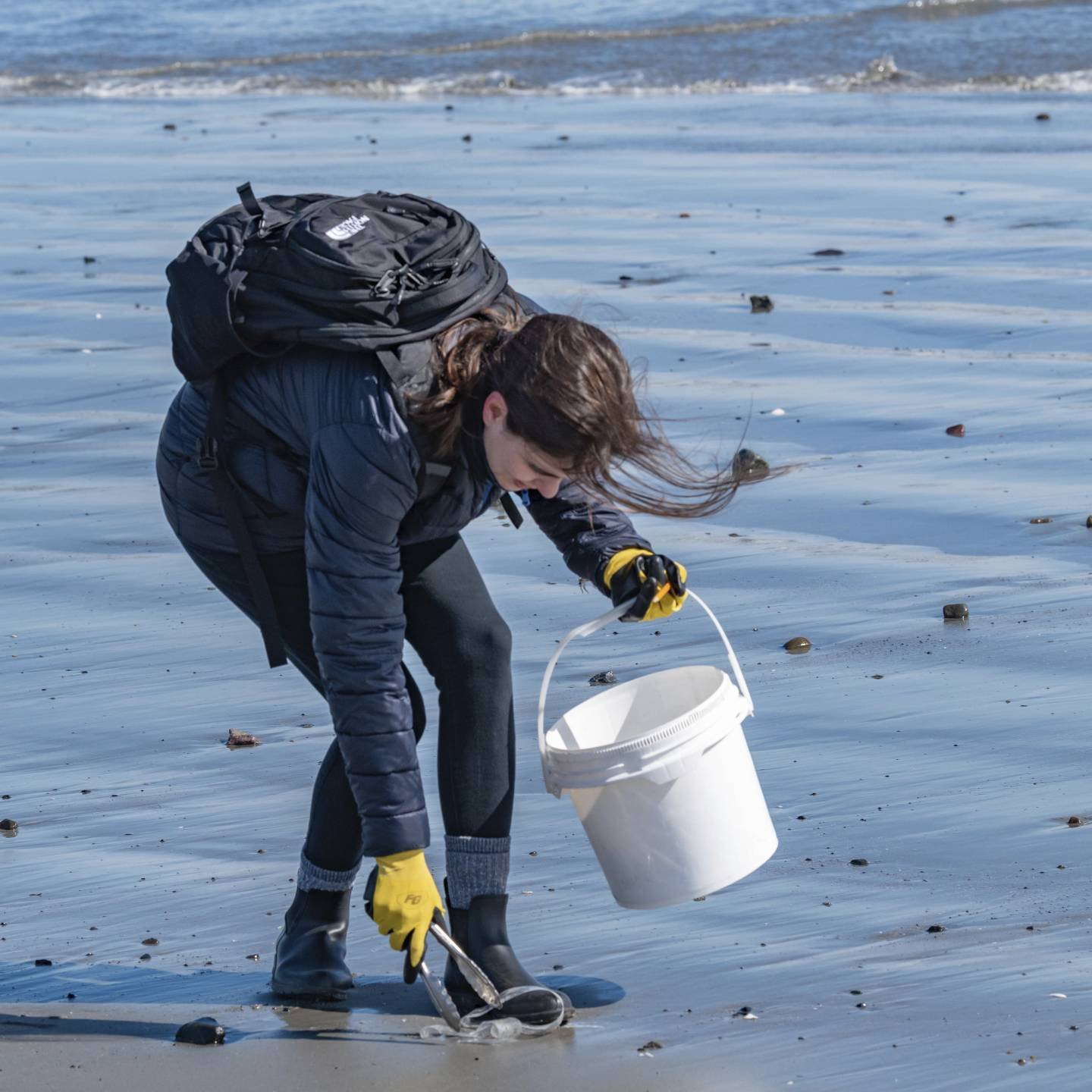 Volunteer collecting trash with tongs on a windy beach