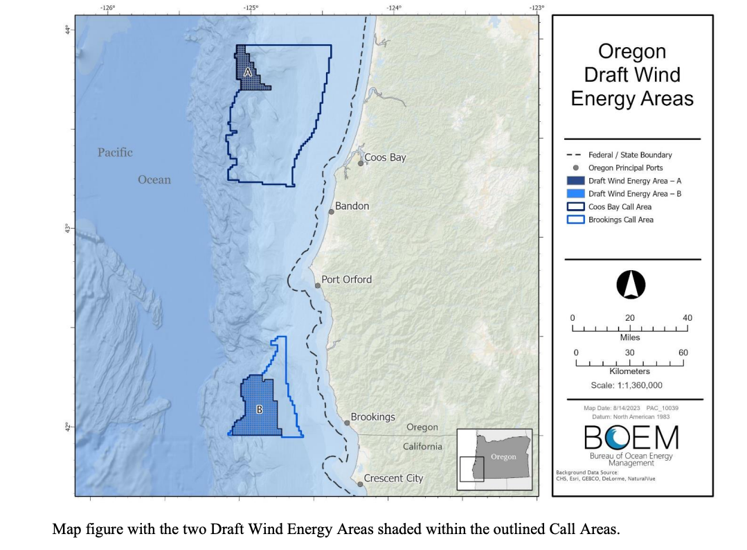 Map figure with the two Draft Wind Energy Areas shaded within the outlined Call Areas