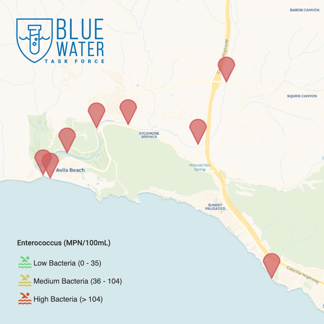 A map of water testing sites in the San Luis Obispo area with dangerously high bacterial levels.