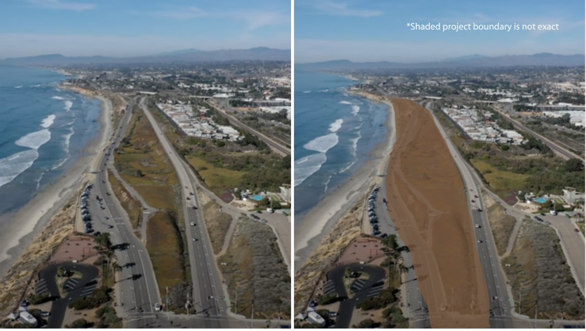 a side-by-side image of the existing split lanes at Encinas Creek with the large median in-between them, and a rendering of the beach/park space to be gained by moving the southbound lane inland to where the norhtbound lane sits.