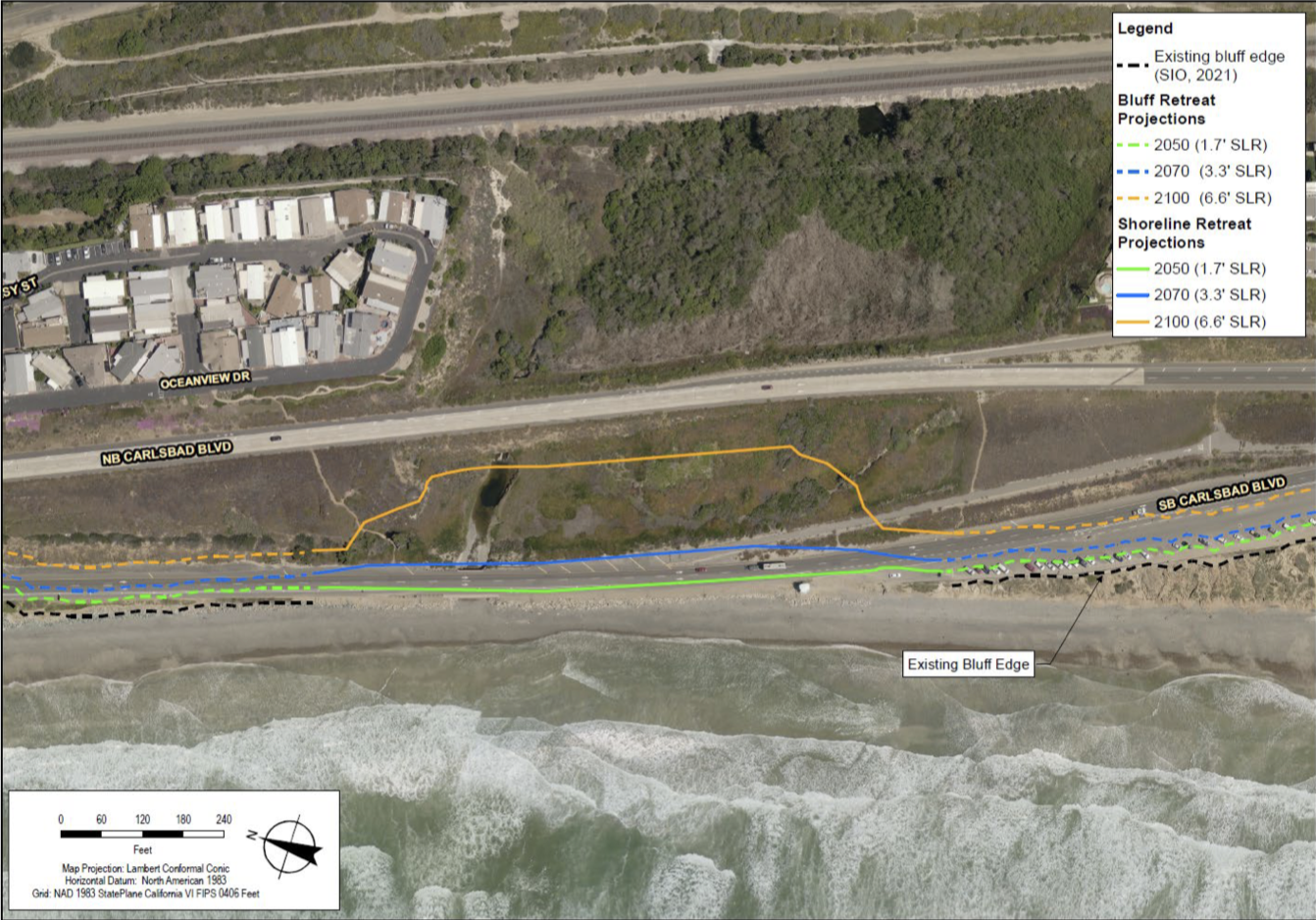An overhead view of the beach at Las Encinas creek, with 3 superimposed lines to denote where the beach can migrate to under 1.7 feet, 3.3 feet, and 6.6 feet of sea level rise. Even with 6.6 feet, the beach is still seaward of norhtbound Carlsbad boulevard.