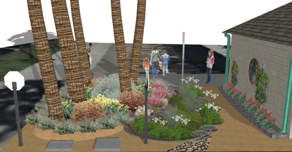 rendering of a garden in bloom with people walking by