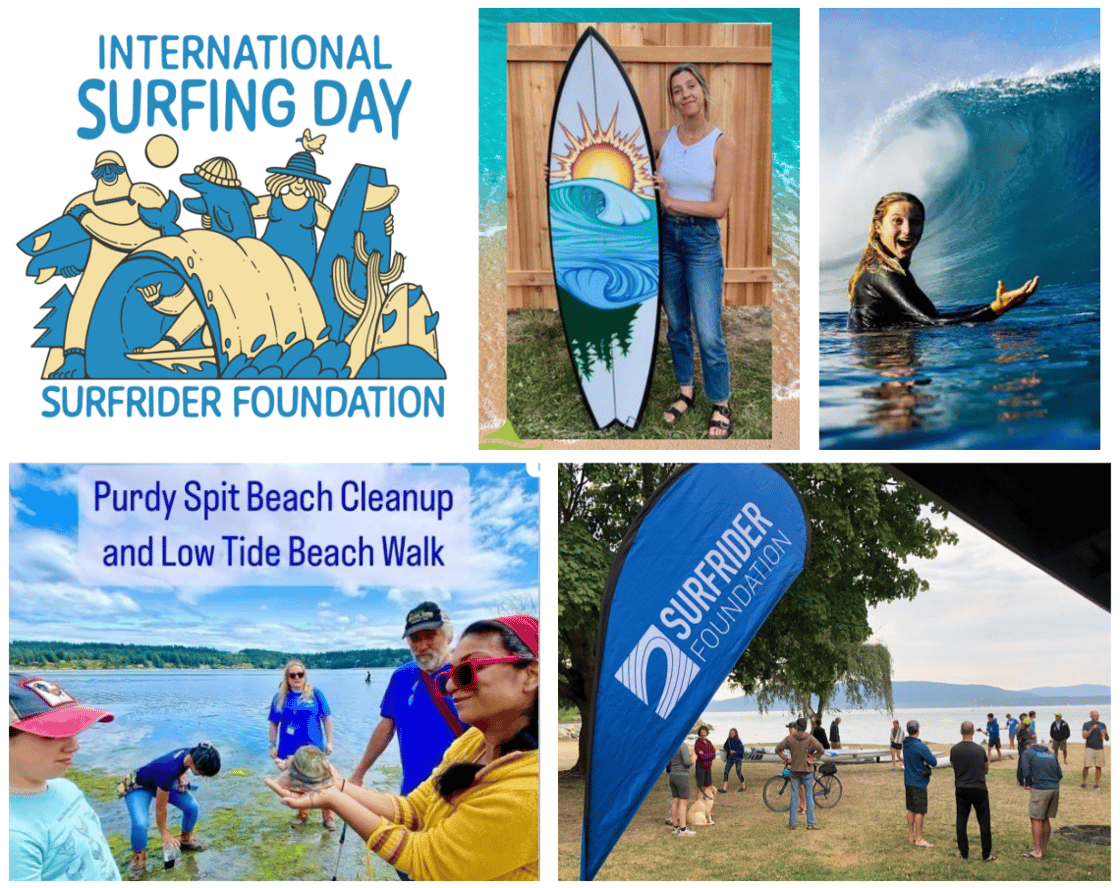 A collage of images from ISD - a woman with a handpainted surfboard, a surfer about to catch a wave, a group of volunteers on a low tide walk, and a field of volunteers during a cleanup 