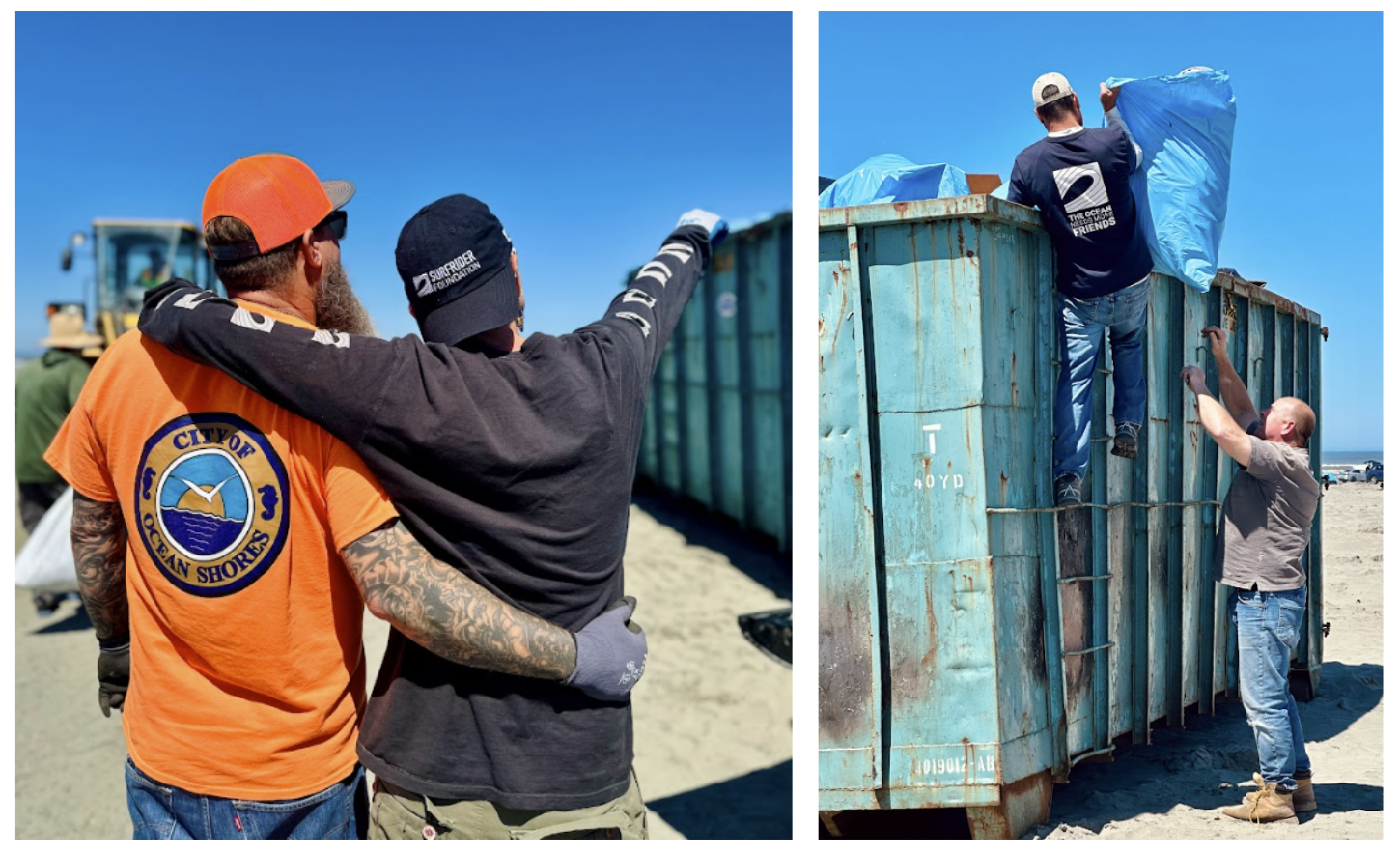 Surfrider and City of Ocean Shores staff stand arm in arm in front of a dumpster; two volunteers working together to hoist a large bag into a dumpster