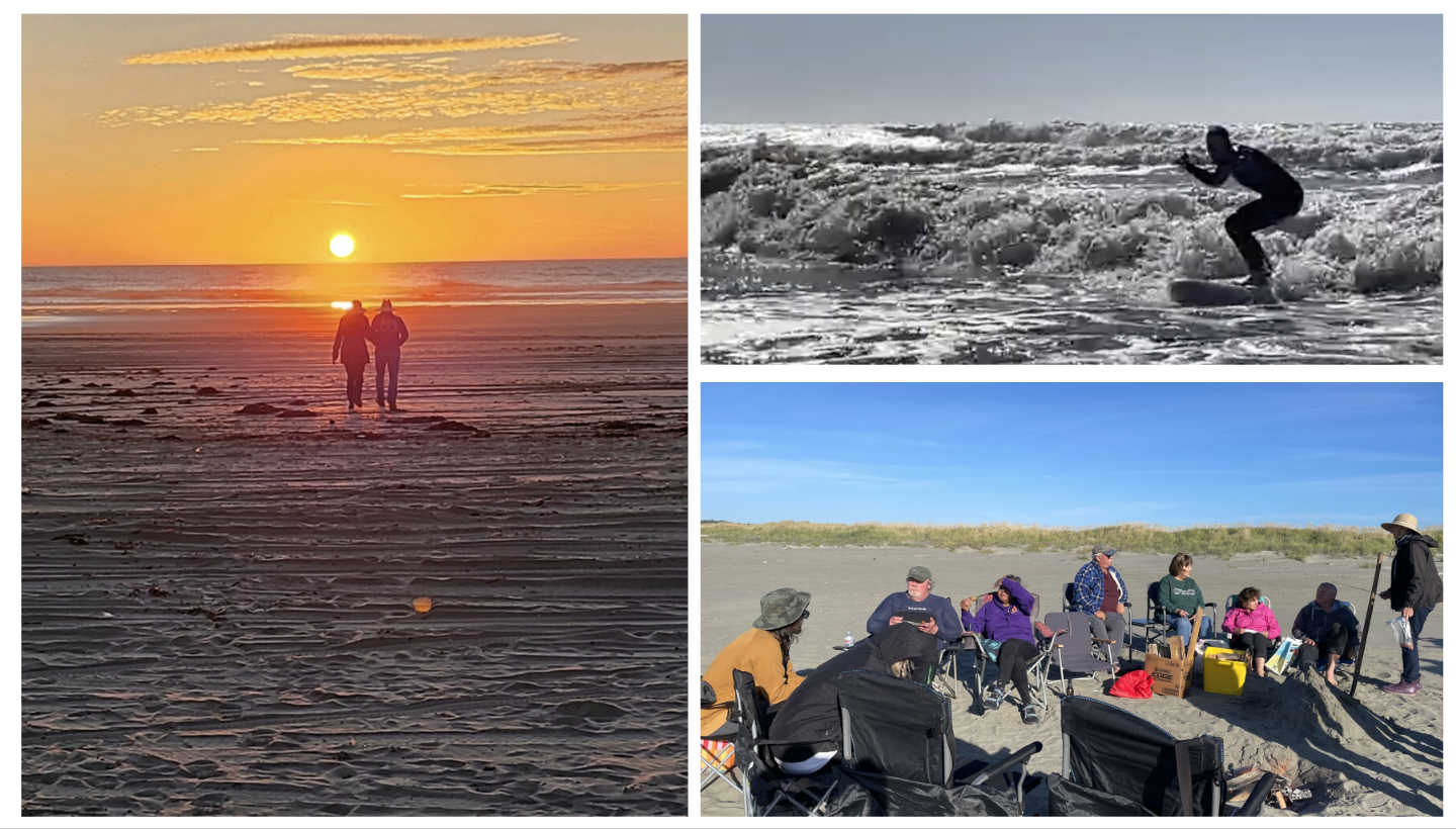 A couple walking into a beach sunset; the silhouette of a surfer riding a wave in; a group of people gathered on the beach in chairs