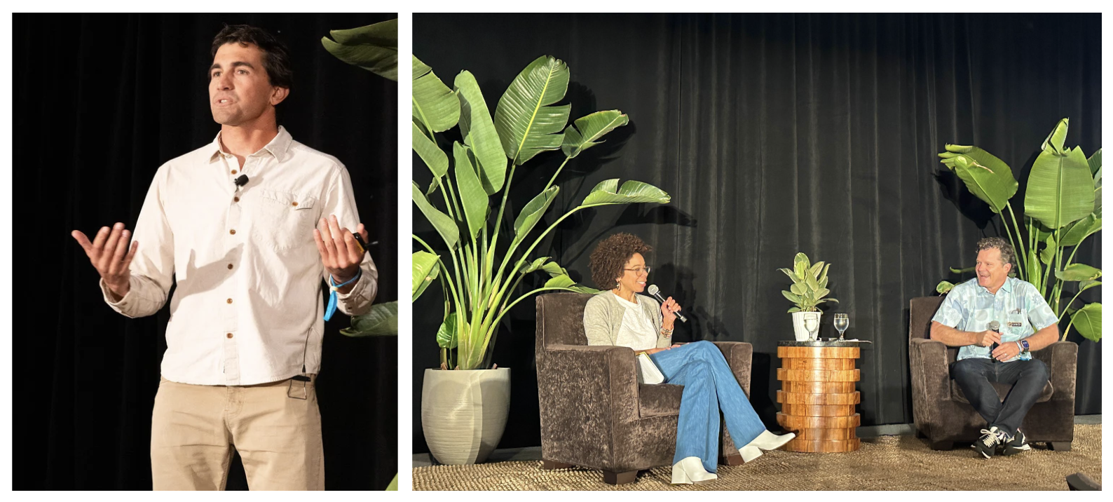 Greg Long, big wave surfer, and Dr. Ayana Elizabeth Johnson speaking on stage with Surfrider CEO Chad Nelson