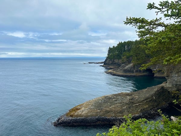 A partly cloudy day at Cape Flattery, with a view of flat blue waters and green pine trees overhanging the rocky coast