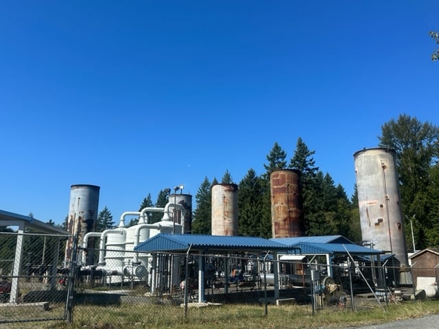 Industrial silos and pipes form the BioEnergy facility that produces electricity from landfill methane 