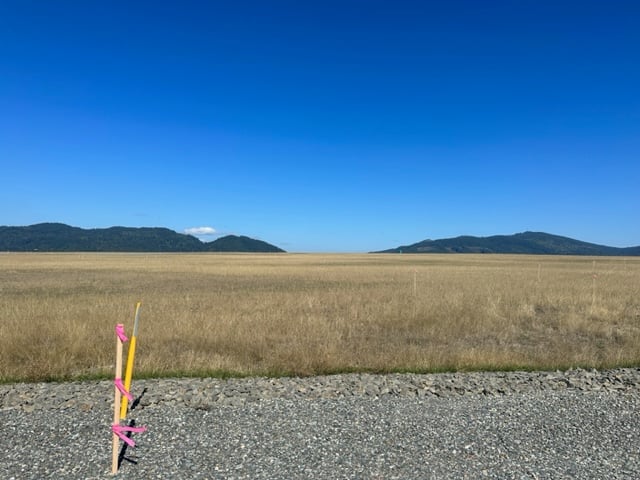 Brown grass overlying an inactive landfill under a blue sky 