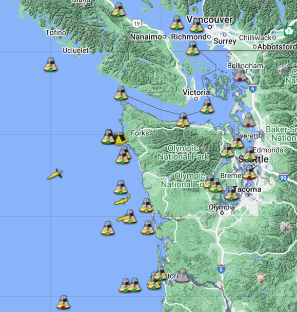 A map showing the location of the many oceanographic buoys located throughout the Olympic Coast Sanctuary and Salish Sea