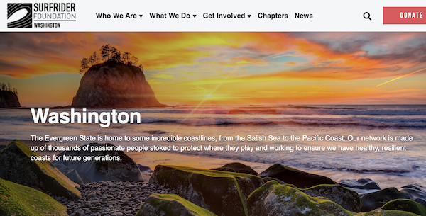 Screenshot of the WA surfrider homepage, a vividly colored sunset of a rocky coast
