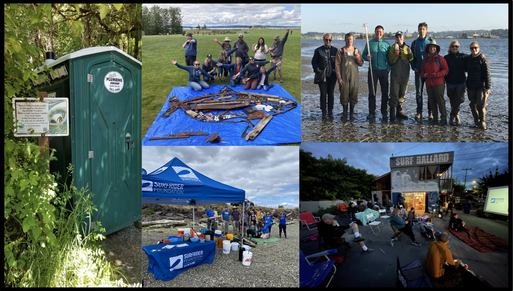 Five pictures of chapter programs - a cleanup, a tabling event, water quality sampling, a film screening, and a sanican 