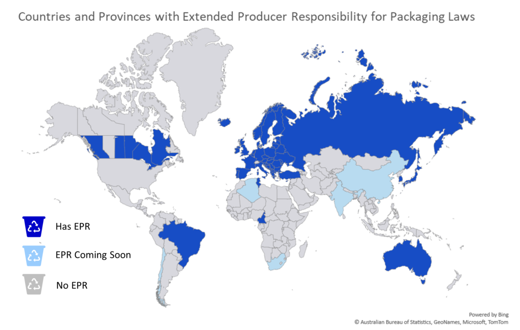 A map of the world showing which countries have or will soon have EPR policies