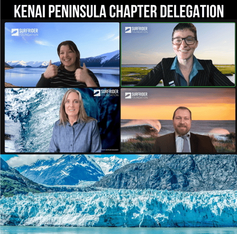 Zoom window of our four member Kenai Peninsula Hill Days delegation with a backdrop of a glacial fjord