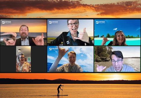 Our 6 member WA Hill Day delegation throwing up celebratory shakas on their zoom windows with a backdrop of a sunset paddle on Puget Sound