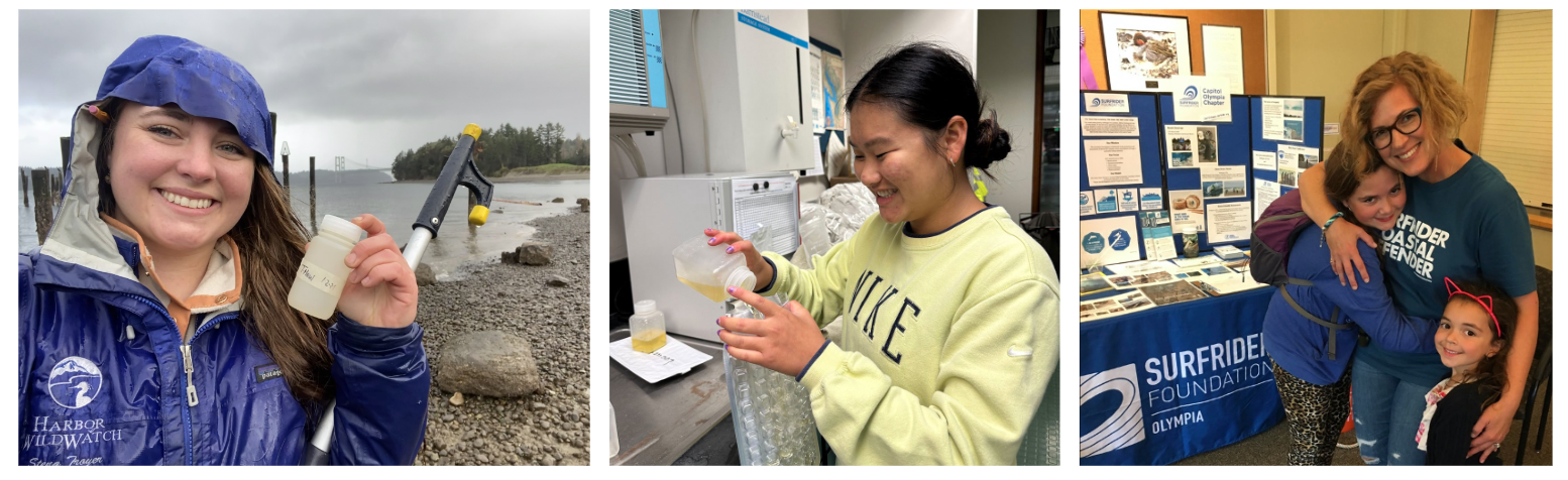 Three images of volunteers collecting and processing water samples
