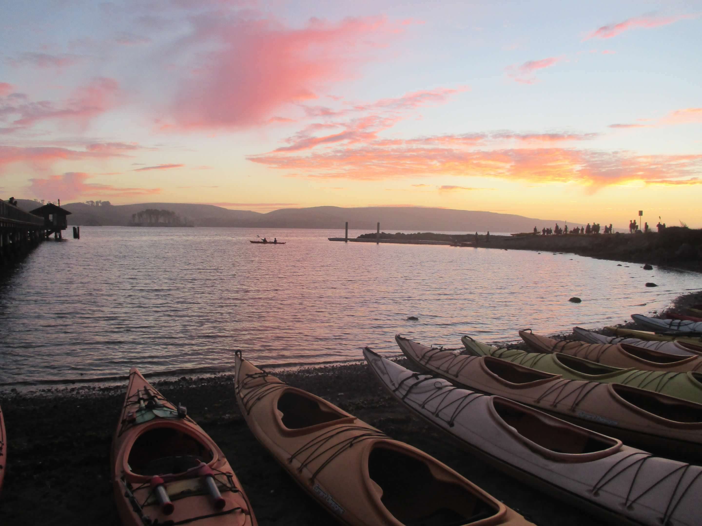 Kayaks lined up along the shoreline at sunset