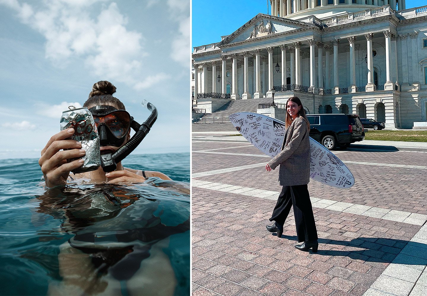 Camile Cleveland with the Oahu Surfrider Chapter free diving for trash and walking at the U.S capitol with a surfboard for Surfrider's annual Coastal Recreation Hill Day 
