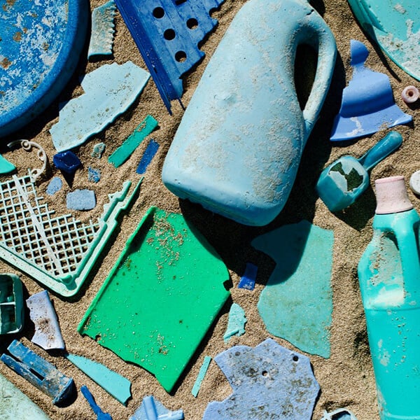 plastic littered on the beach