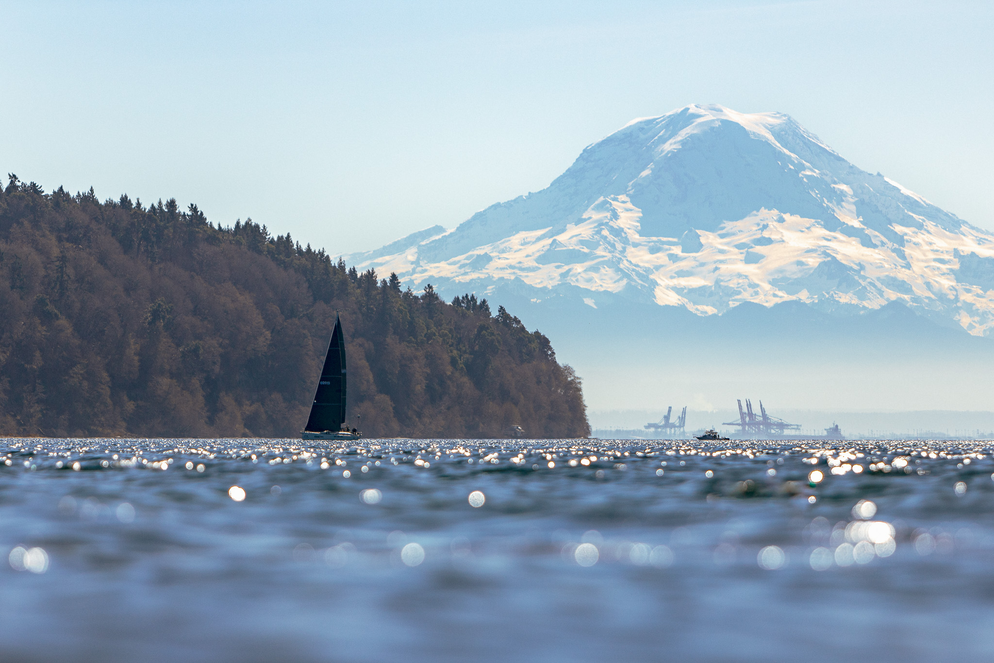 A view of a sailboat in the puget in sound with Mount Rainier in the background
