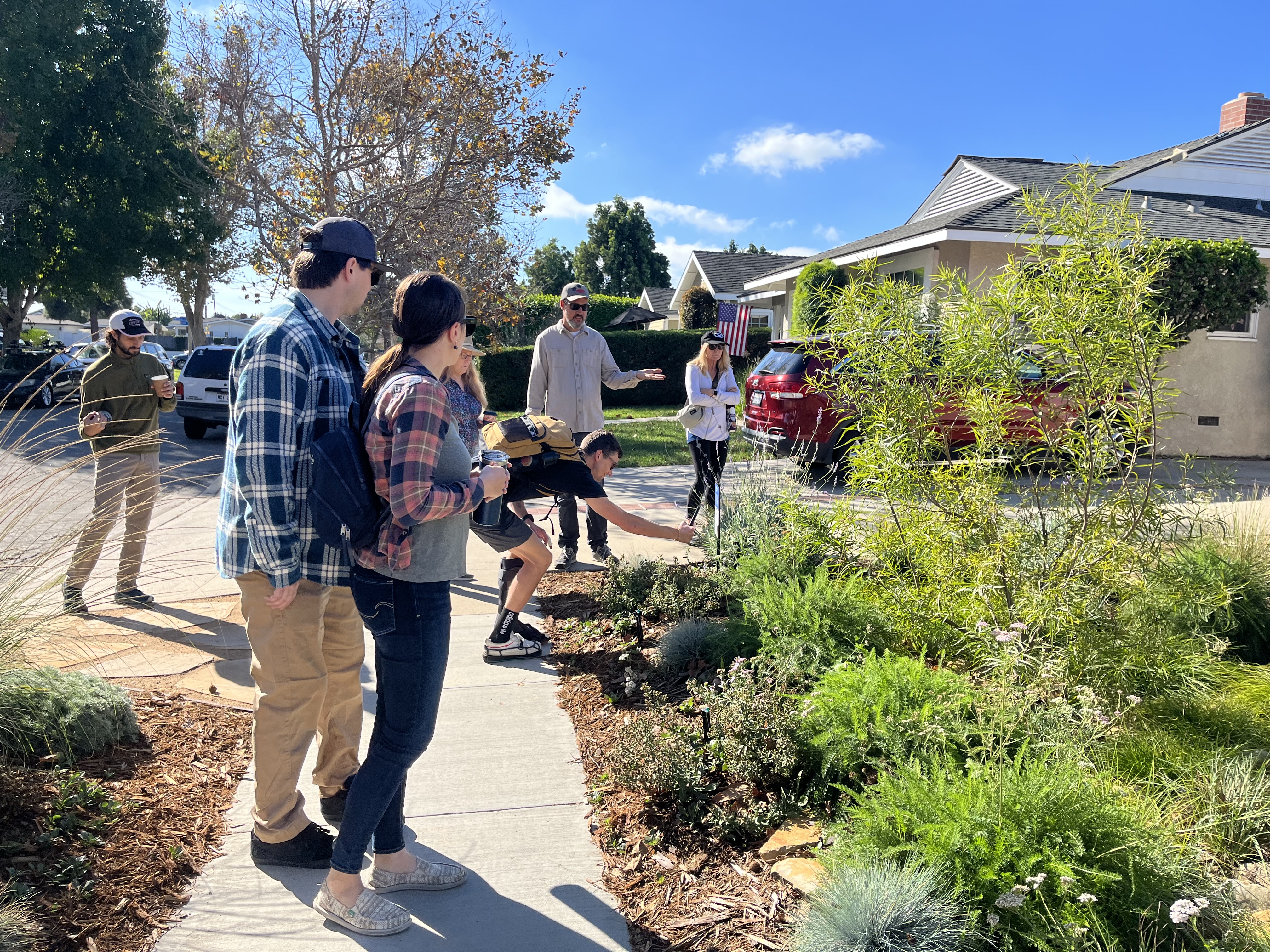 A group of people stand in front of a sunny front yard and talk about plants