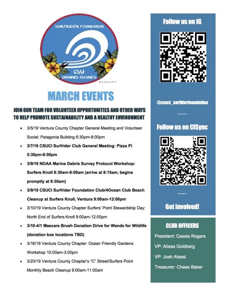 Printable flyer for CSUCI March Events. Most of the text also appears in the accompanying article.  On the right-hand side, there are two QR codes that link to Instagram and CISync.
