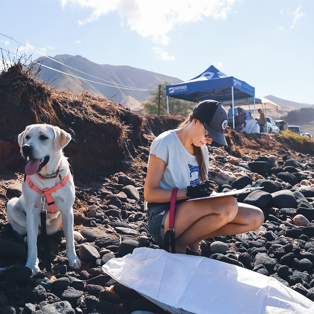 Woman with dog filling out a Maui Surfrider beach cleanup data card