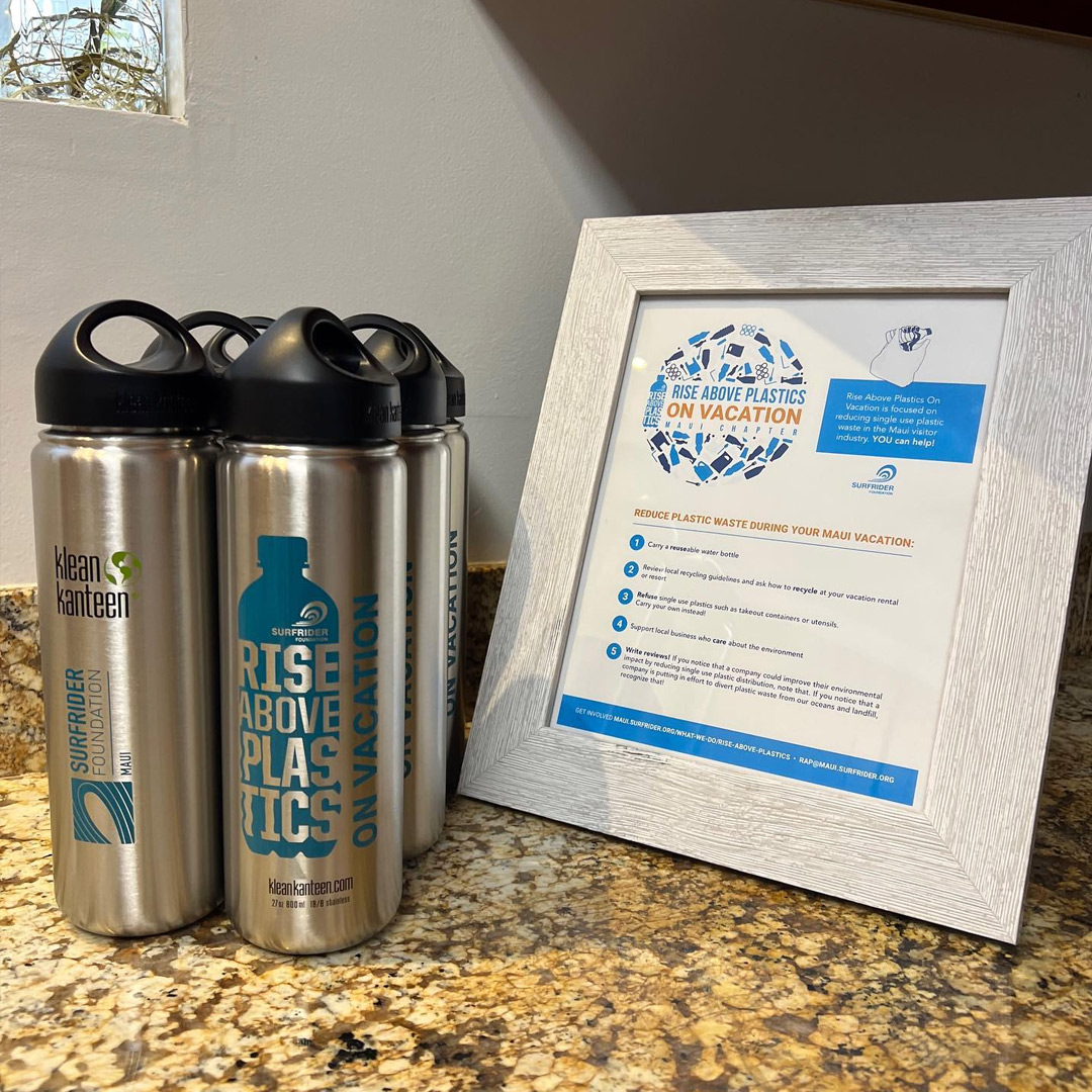 Reusable water bottles offered to guests at a Maui vacation rental