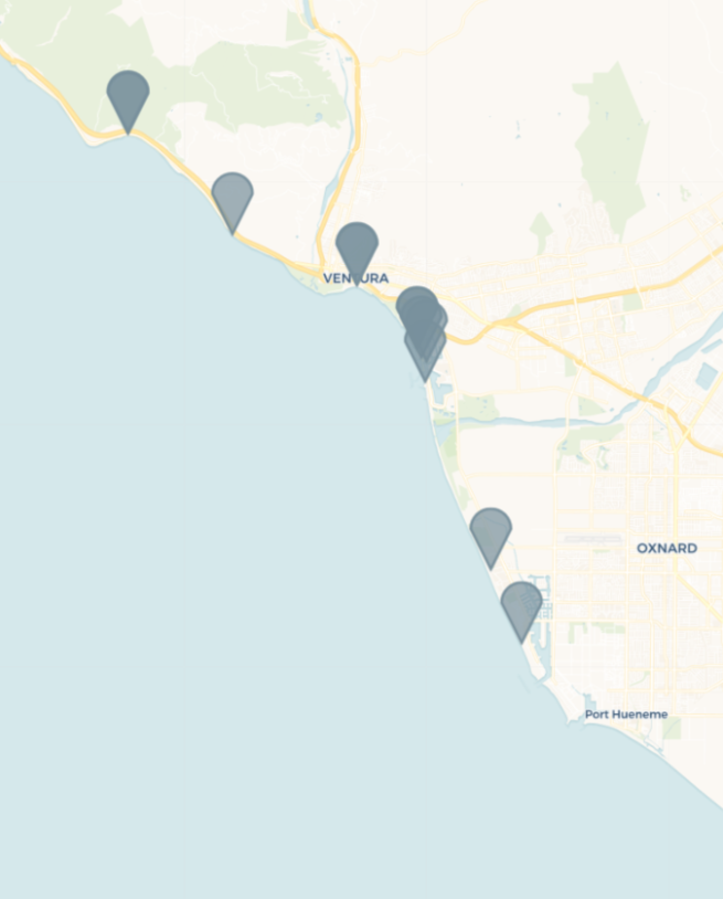 Map view of at 9 test locations including Mondos, Emmawood State Beach, C Street, Weymouth, Marina Park, Leo Robbins, Harbor Cove, Hollywood Beach at La Crescenta, and Oxnard Beach at Outrigger Way
